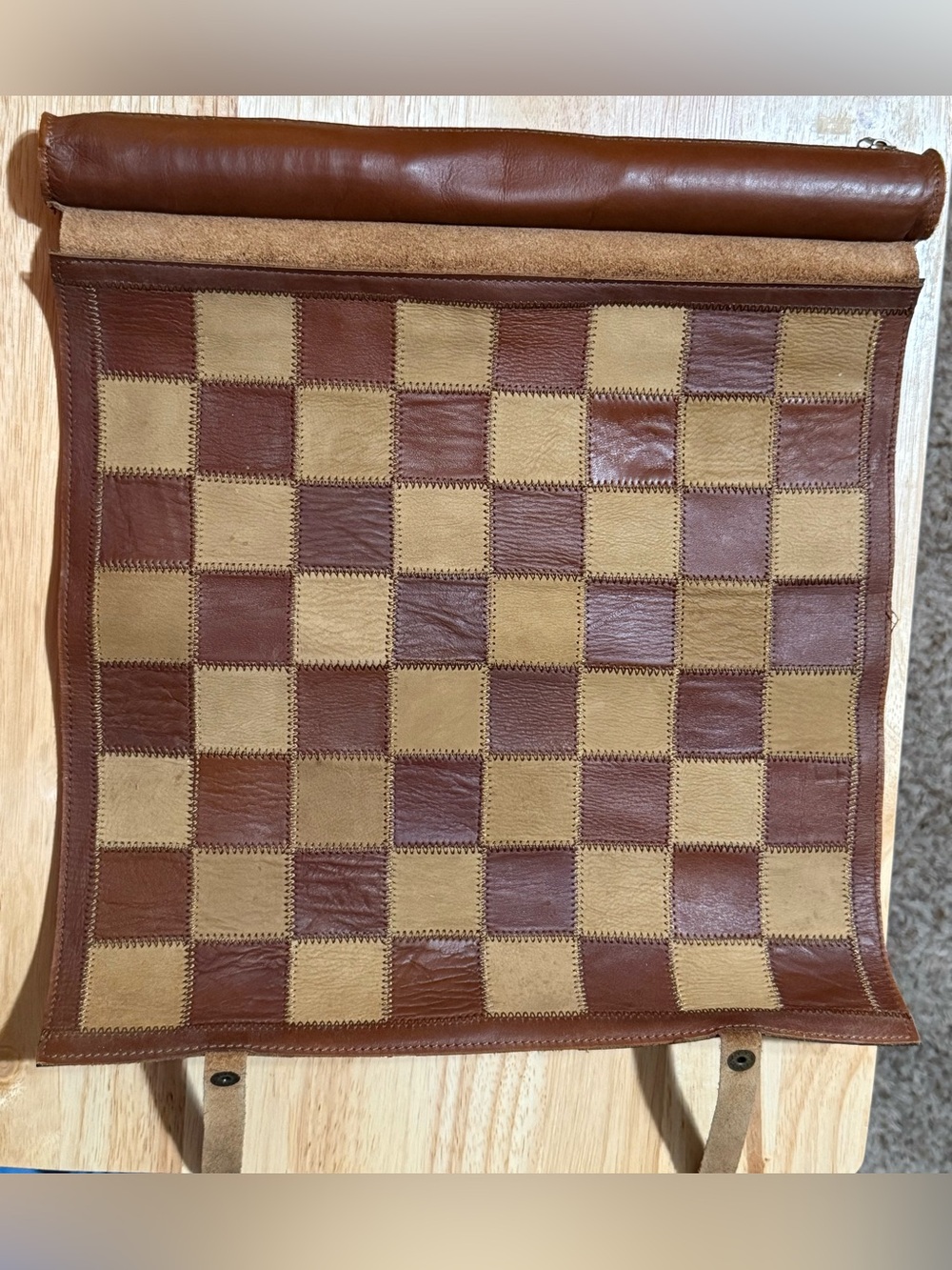Vintage Brown and Tan Leather Checker Roll-Up Board & Checkers